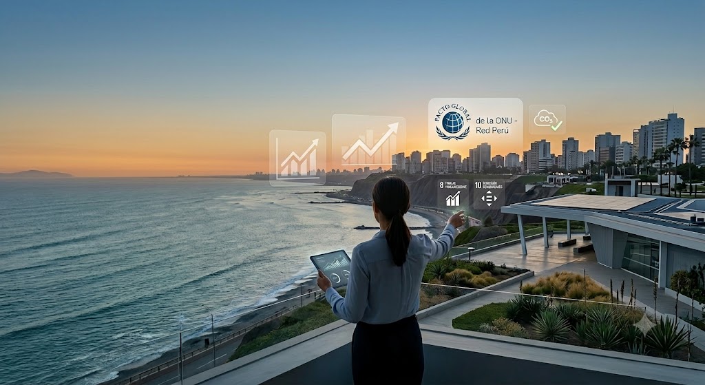 Esta portada busca materializar visualmente la transición de la sostenibilidad corporativa en el entorno peruano. Colocar a una profesional (directora de sostenibilidad) observando la costa y el horizonte empresarial de Lima a través de métricas virtuales y el respaldo del Pacto Global de la ONU, refuerza el mensaje central del artículo: la urgencia de migrar de las intenciones abstractas hacia la evidencia, los datos reales y la acción concreta en el tejido empresarial del Perú